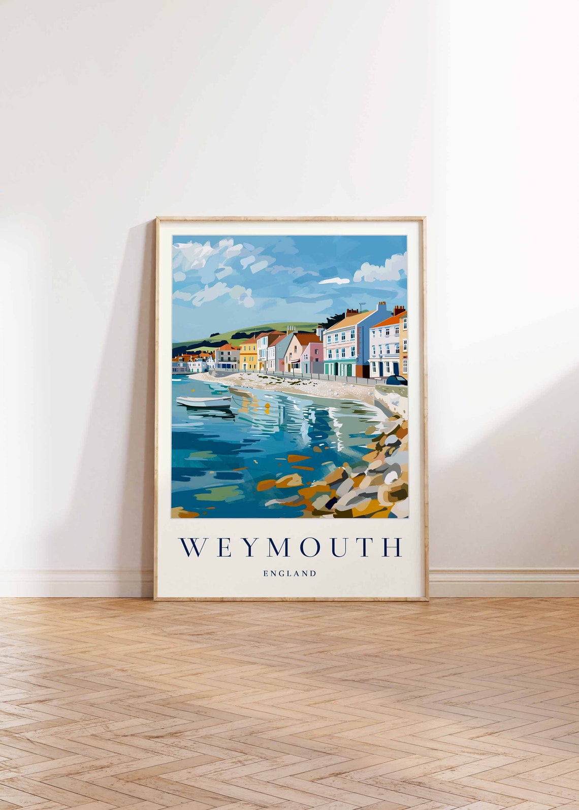 Weymouth England Travel Poster Harbor Shore Pastel Cottages Boat Art - Image 2