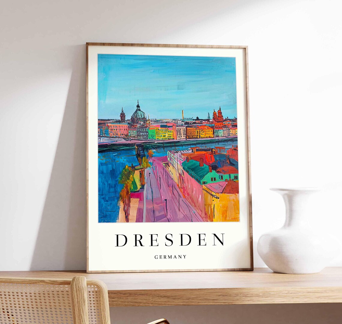 Dresden Germany Vibrant Colorful Riverfront Domes Turquoise Sky Poster