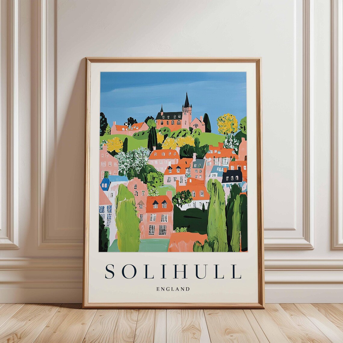Solihull England Colorful Hillside Town Painting Travel Art Poster