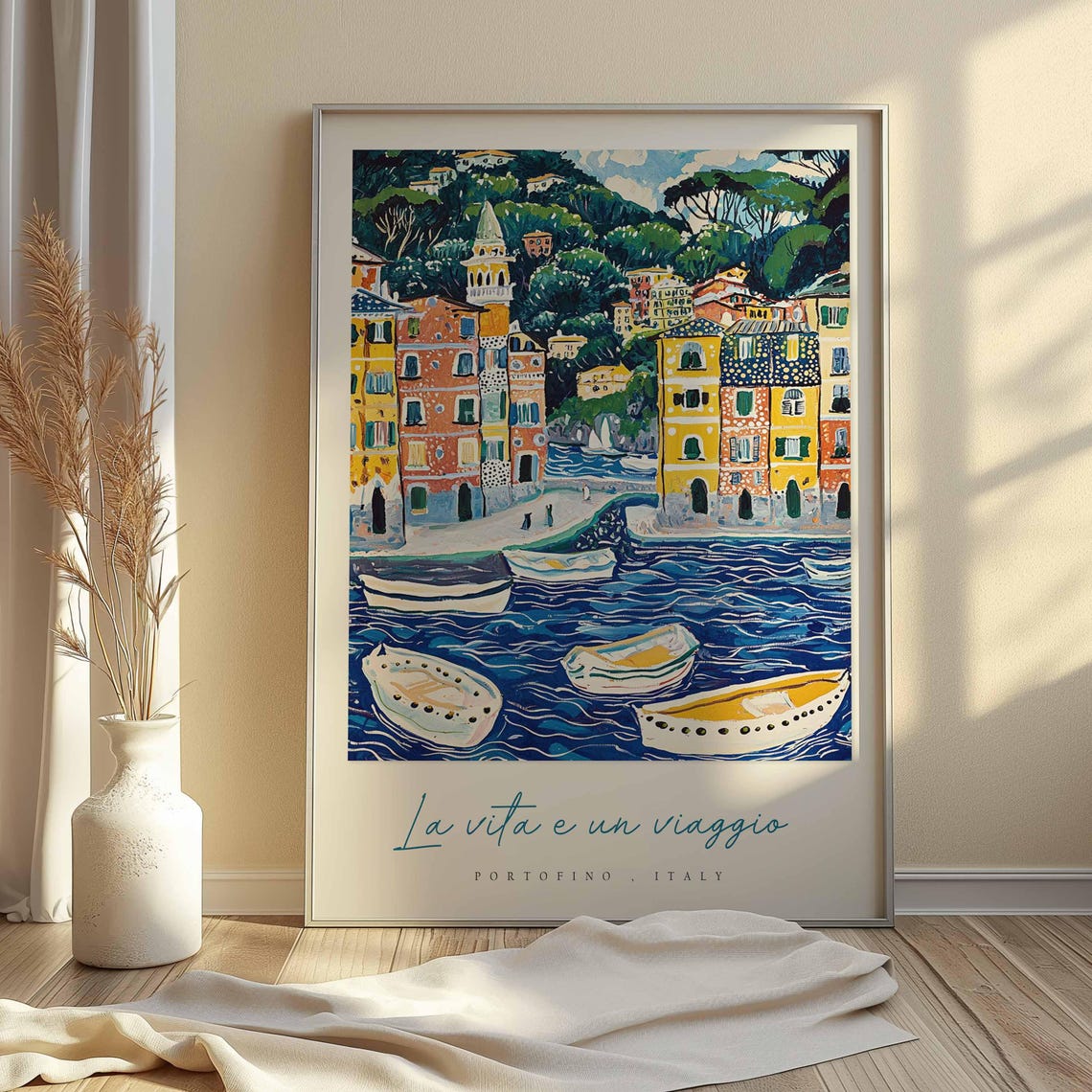 Portofino Italy Naive Harbor Art La Vita E Un Viaggio Quote Poster - Image 2