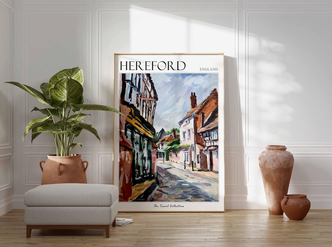 Hereford England Travel Poster Historic Timbered Street Scene Art - Image 2