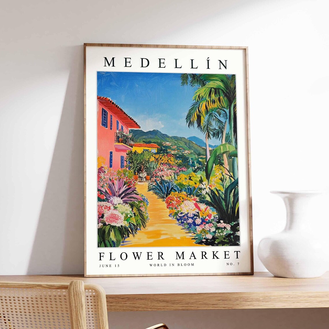 Medellín Flower Market No 7 Garden Path Pink House Palms Bloom Poster