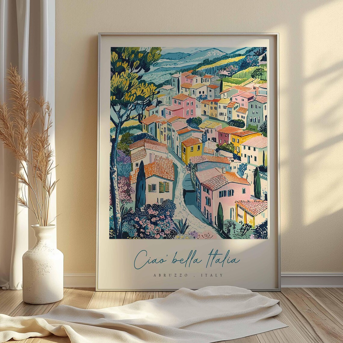 Abruzzo Colorful Hill Village Terracotta Roofs Bright Sunny Poster - Image 2