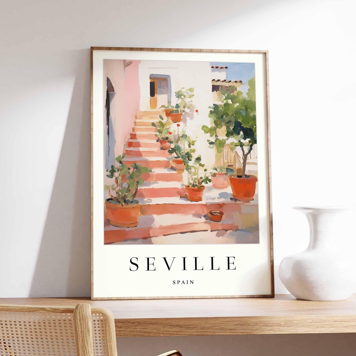 Seville Spain Terracotta Steps Potted Plants Watercolor Travel Poster
