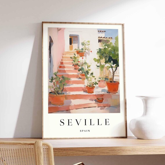 Seville Spain Terracotta Steps Potted Plants Watercolor Travel Poster