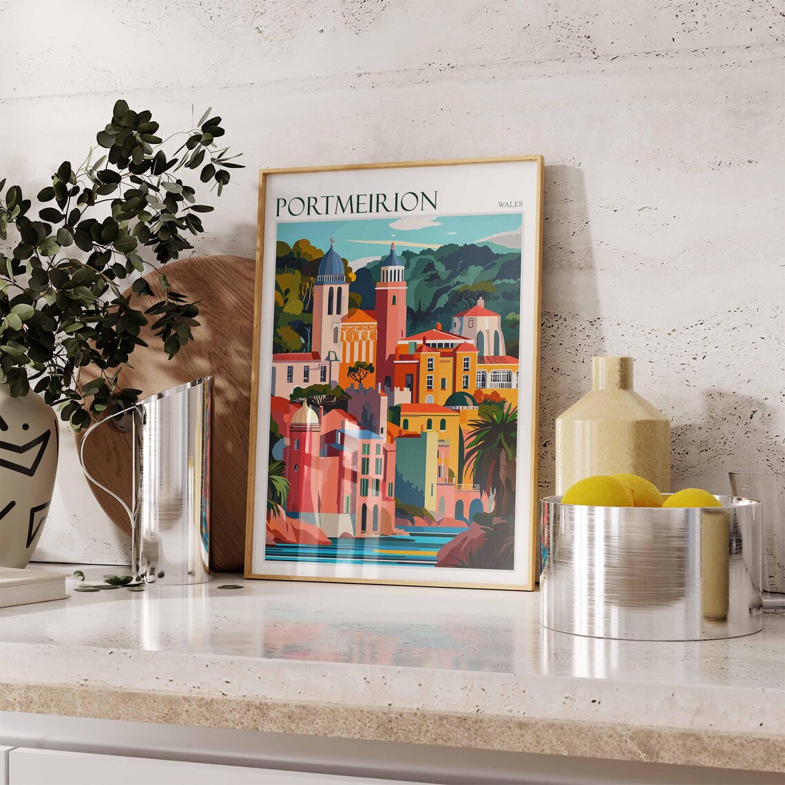 Portmeirion Wales Italianate Domes Palms Over Water Art Poster - Image 3