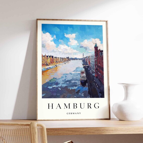 Hamburg Germany Wide Canal Boat Sky Painted City Travel Poster