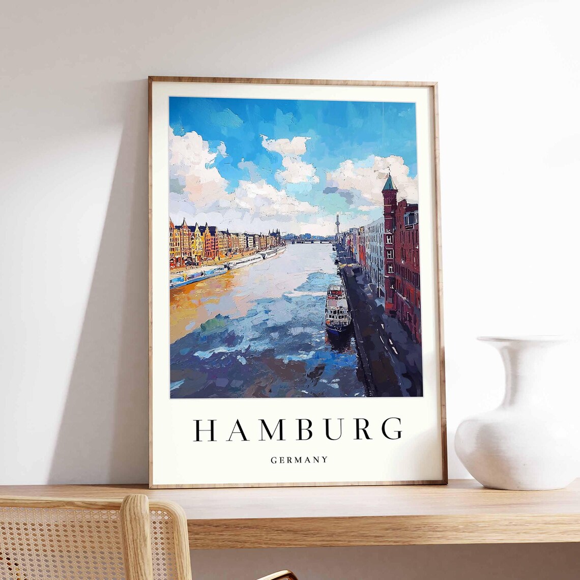 Hamburg Germany Wide Canal Boat Sky Painted City Travel Poster