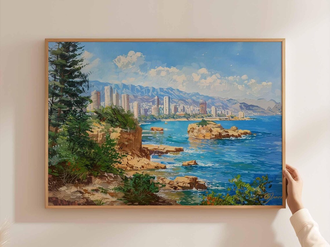 Sunny Coastal City Skyline Rocky Shore Blue Oil Painting Poster