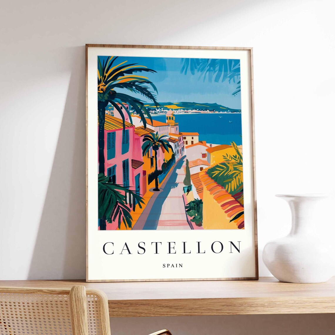 Castellon Spain Painted Seaside Street Palms Harbor Travel Poster