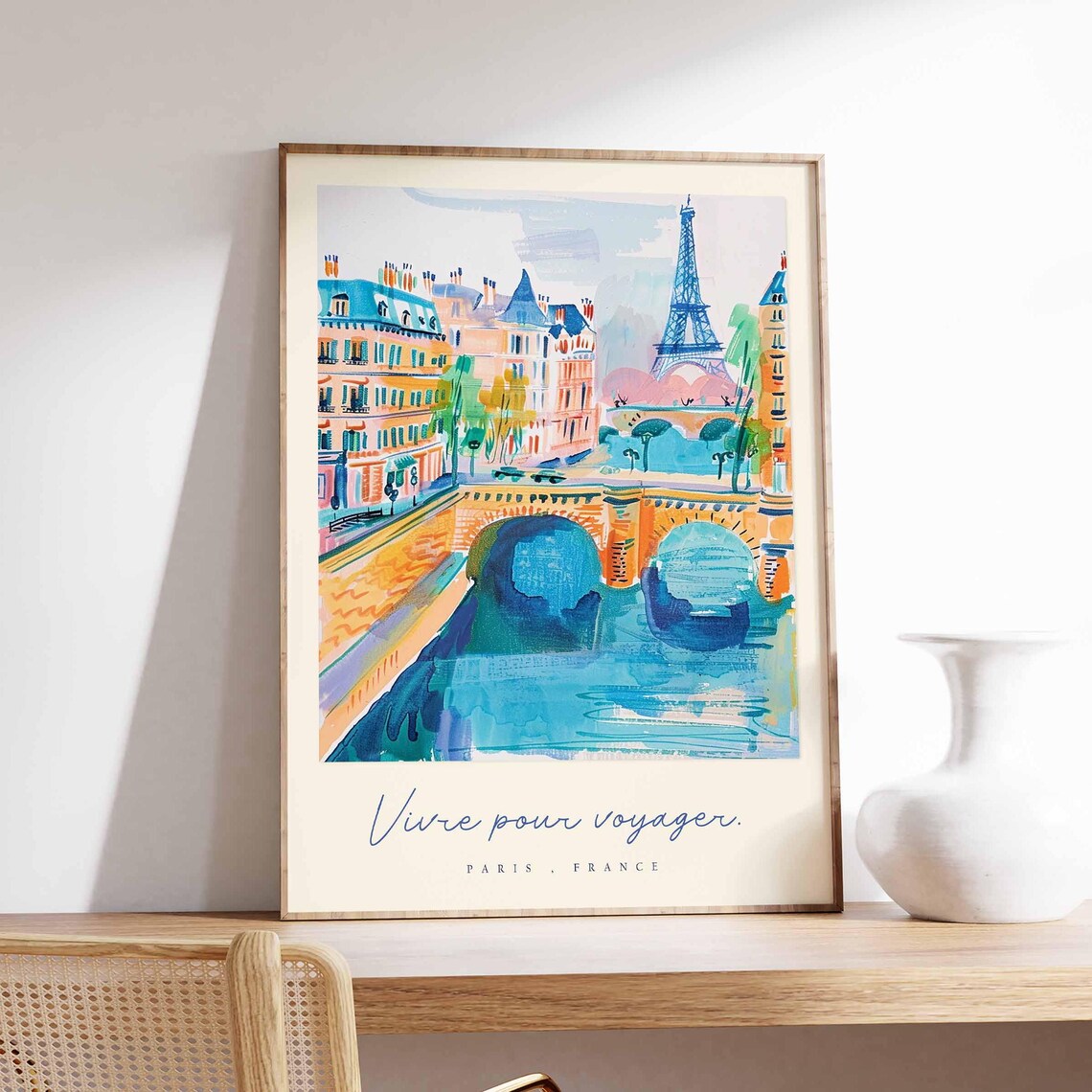 Paris France Eiffel Tower And Seine Bridge Watercolor Travel Poster