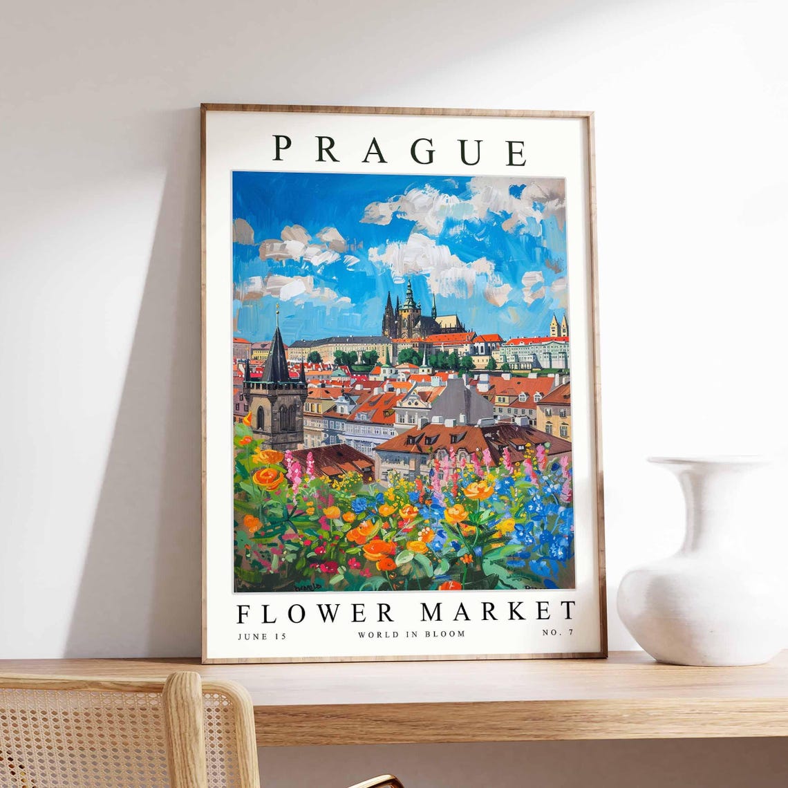 Prague Rooftop Panorama Wildflower Dramatic Sky Floral Travel Poster