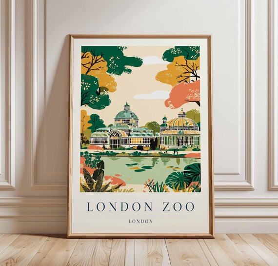 London Zoo Lakeside Pavilion Autumn Vintage Travel Poster London Park Art