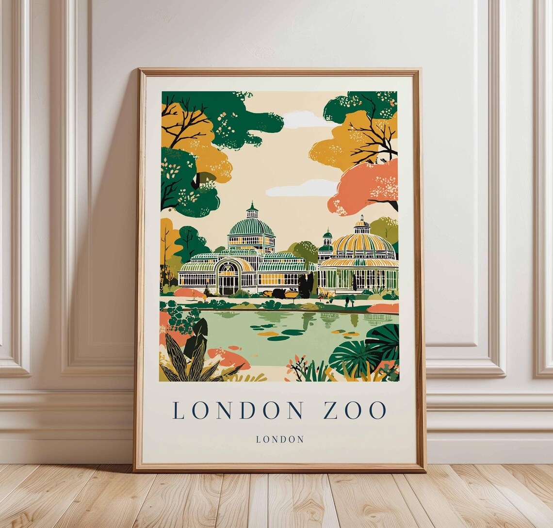 London Zoo Lakeside Pavilion Autumn Vintage Travel Poster London Park Art