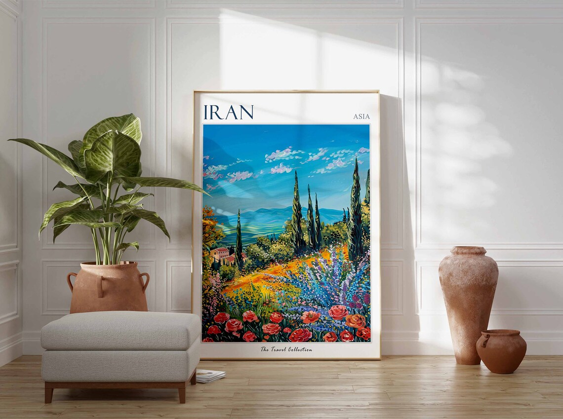 Iran Colorful Rose Garden Cypress Hills Blue Sky Travel Poster - Image 2