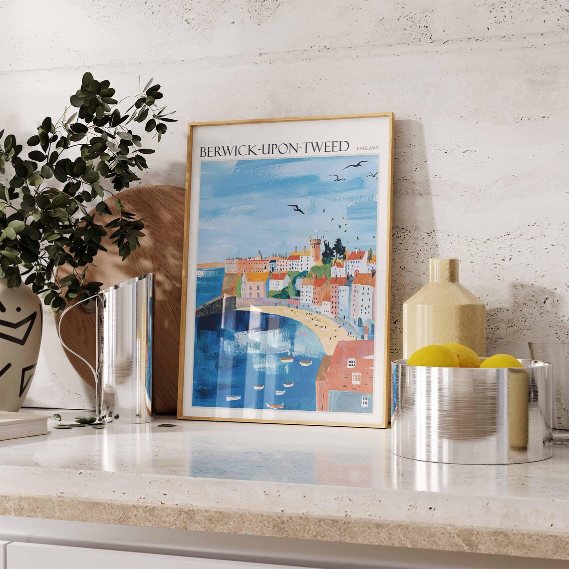 Berwick upon Tweed Harbour Bay Boats Seagulls Flat Illustration Poster - Image 2