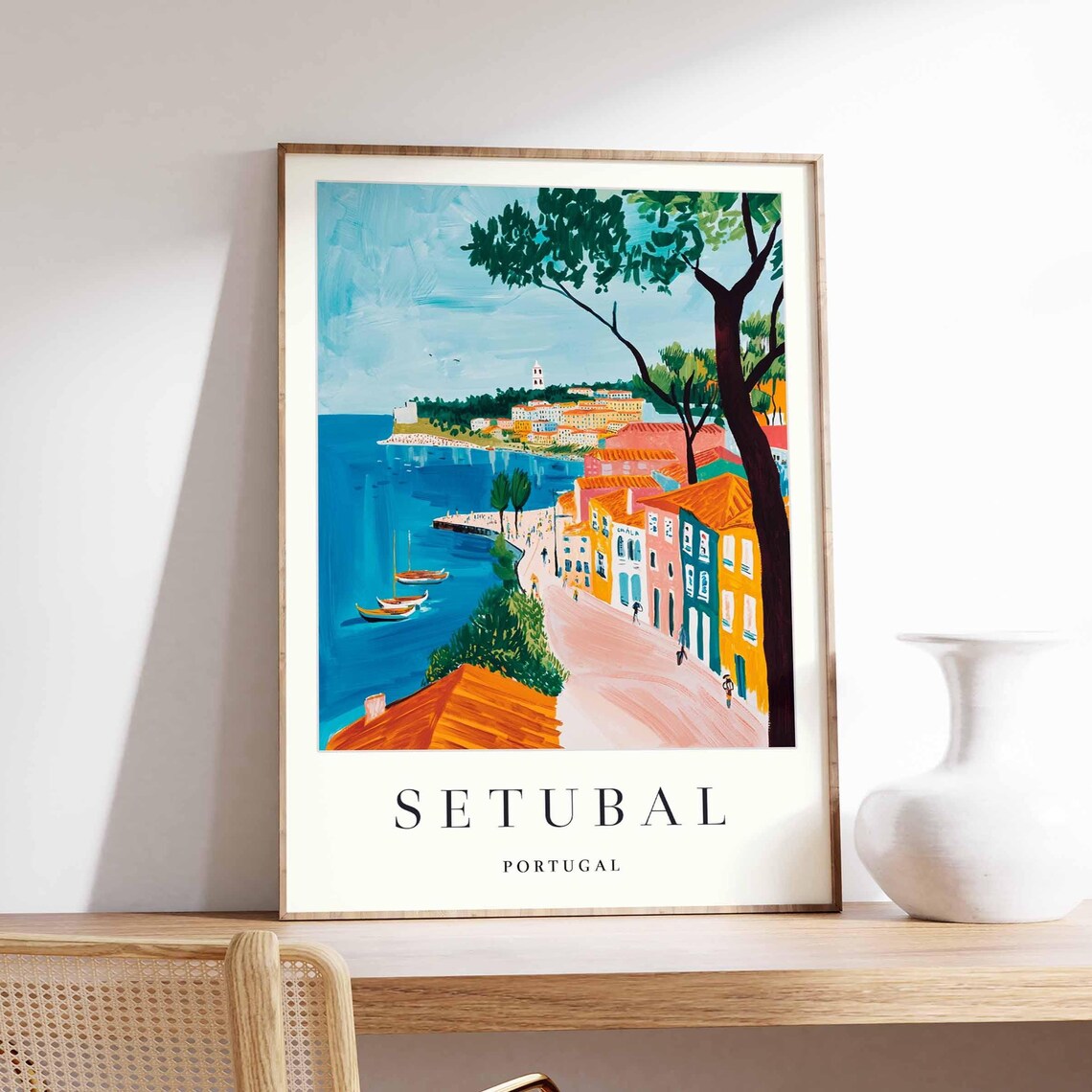 Setubal Portugal Harbor Street Colorful Houses Boats View Poster