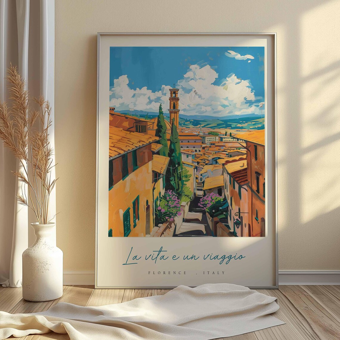 Florence Historic Street Bell Tower Flowers Italy Travel Poster - Image 2