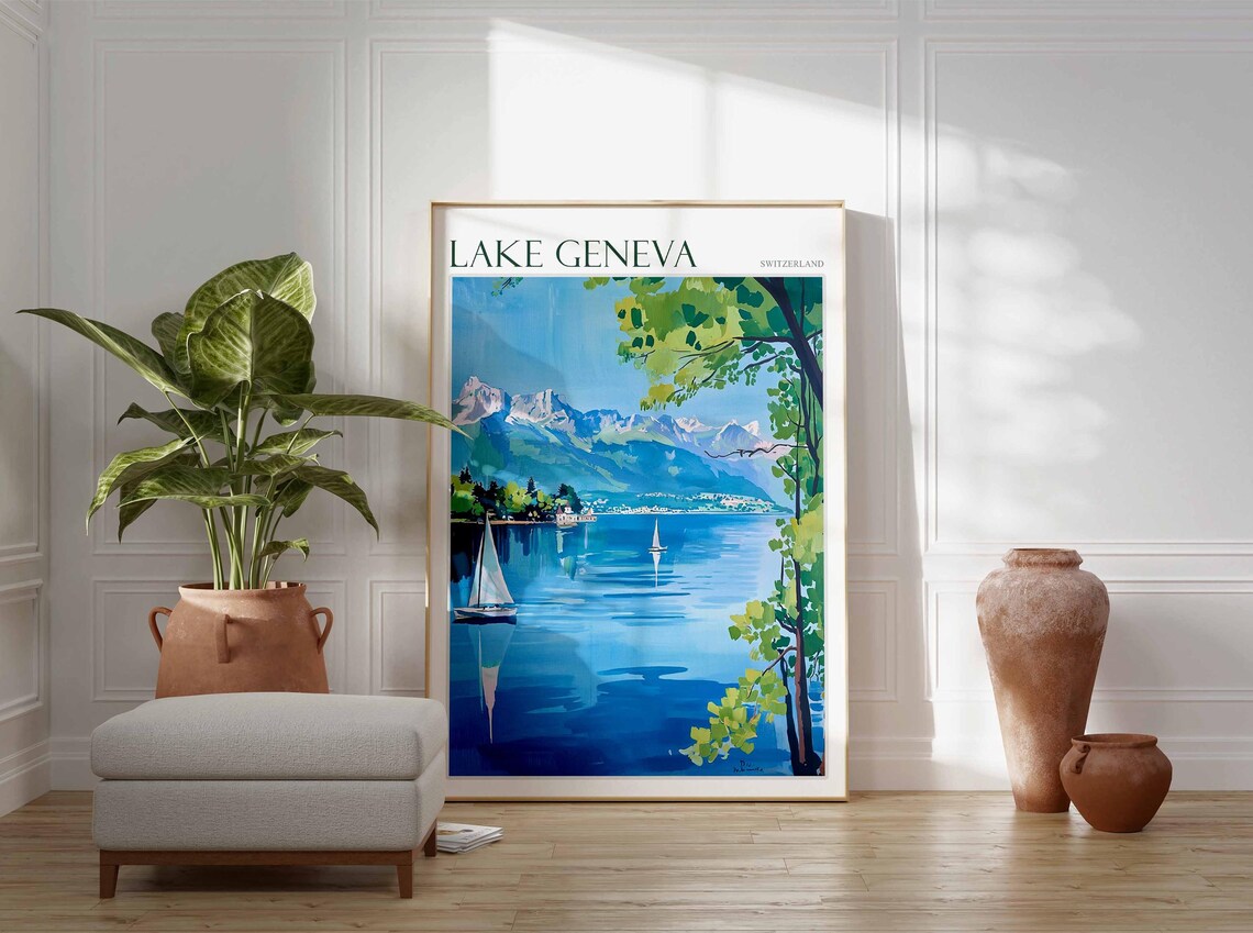 Lake Geneva Switzerland Sailboats Green Tree Framed Lake Poster - Image 2