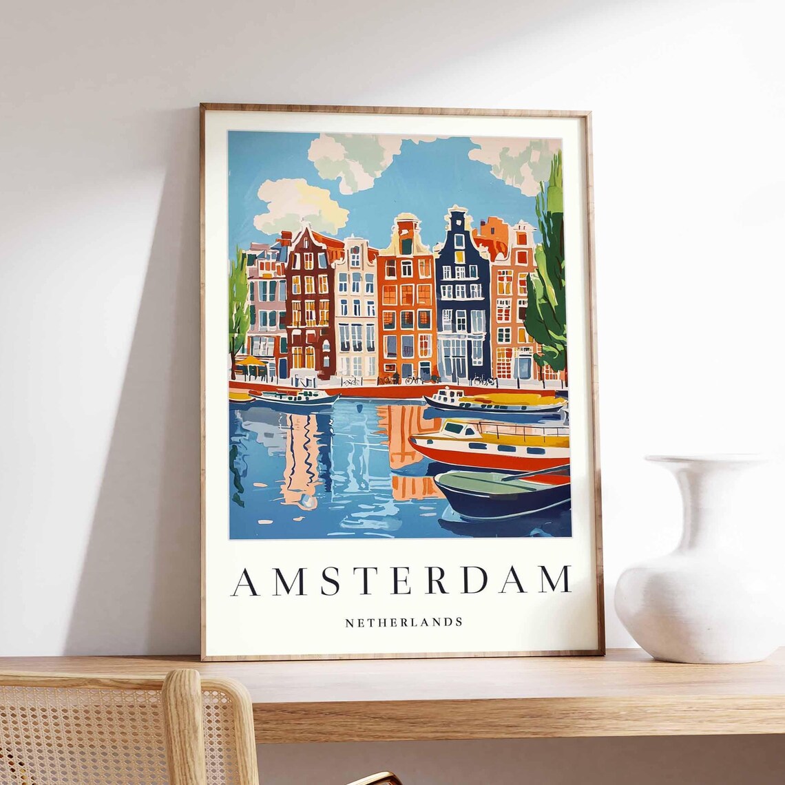 Amsterdam Netherlands Poster of Colorful Canal Houses and Moored Boats