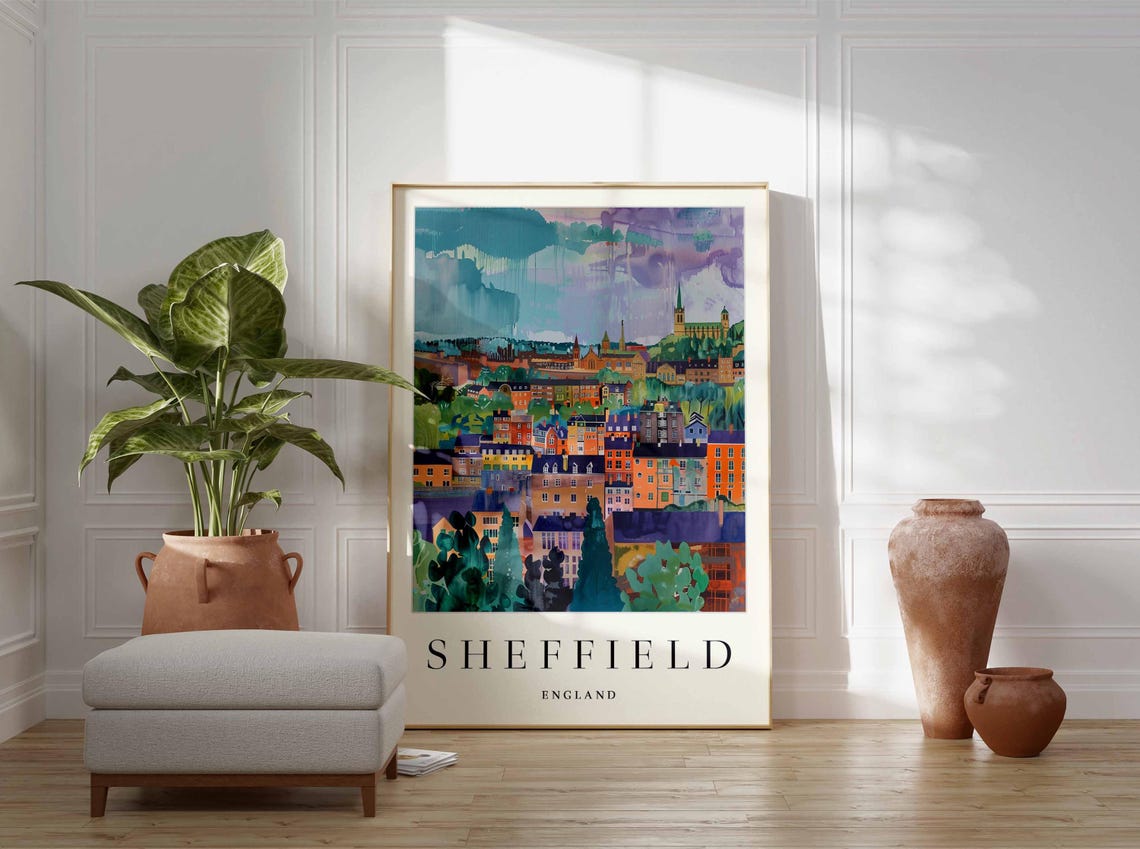 Sheffield England Orange Rooftops and Green Trees City View Poster - Image 4