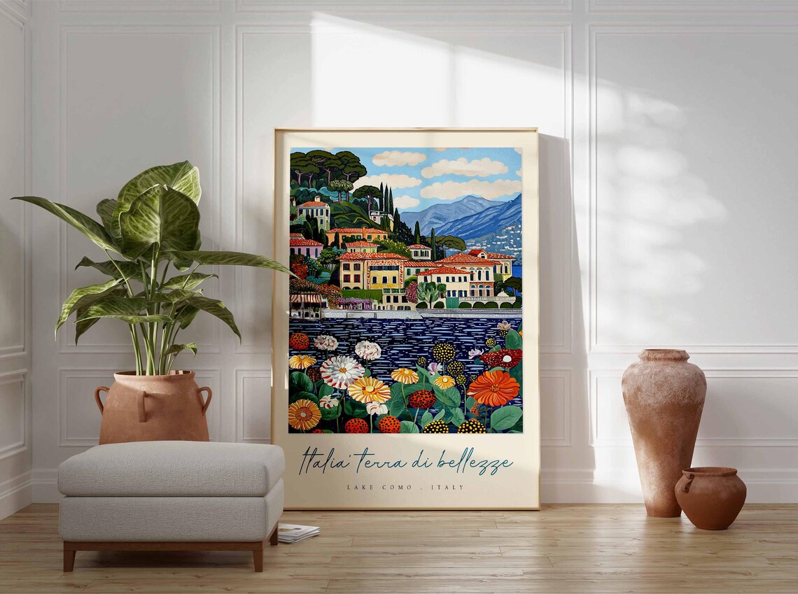 Lake Como Italy Summer Villa Town Giant Zinnia Flowers Poster - Image 3