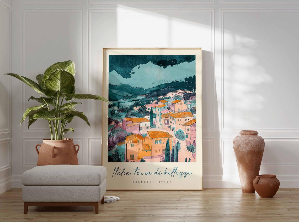 Abruzzo Mountain Village Teal Sky Peach Roofs Scenic Travel Poster - Image 3