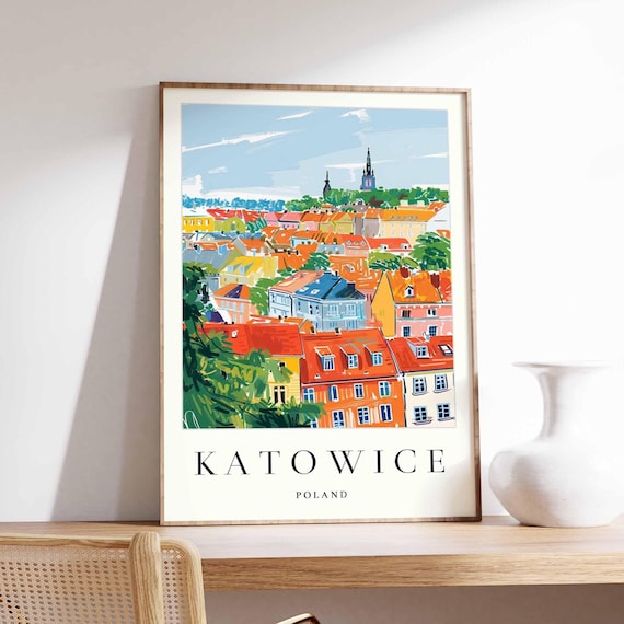 Katowice Poland Red Rooftop Cityscape Panorama Travel Poster