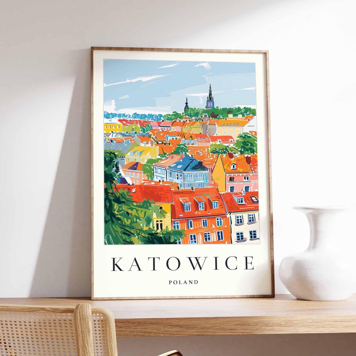 Katowice Poland Red Rooftop Cityscape Panorama Travel Poster