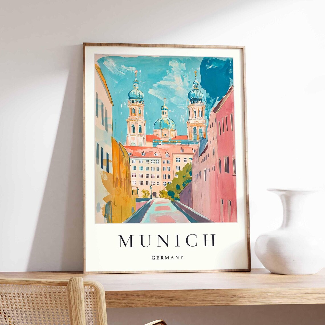 Munich Germany Domed Church Towers Pink Buildings Street Poster
