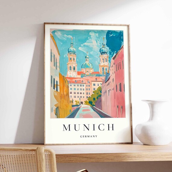 Munich Germany Domed Church Towers Pink Buildings Street Poster
