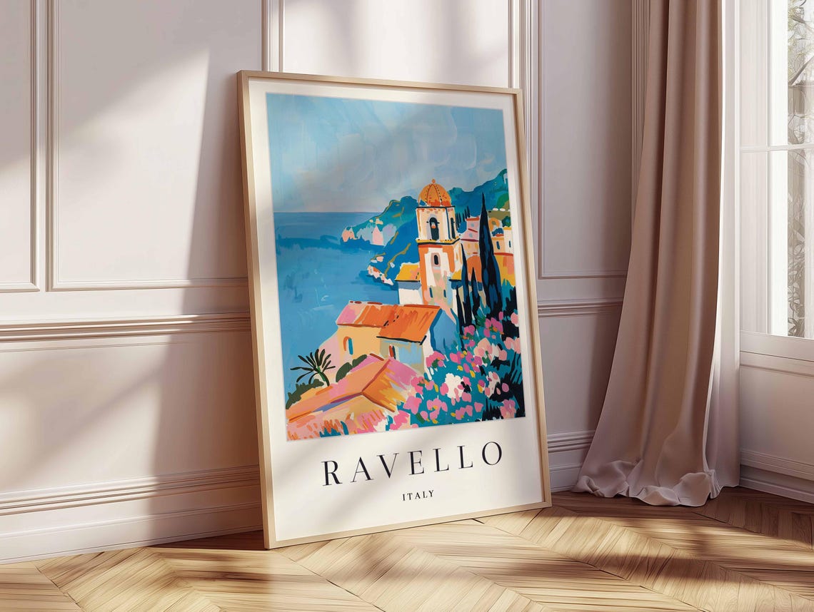 Ravello Italy Domed Bell Tower Cypress Trees Pink Flowers Sea Poster - Image 2