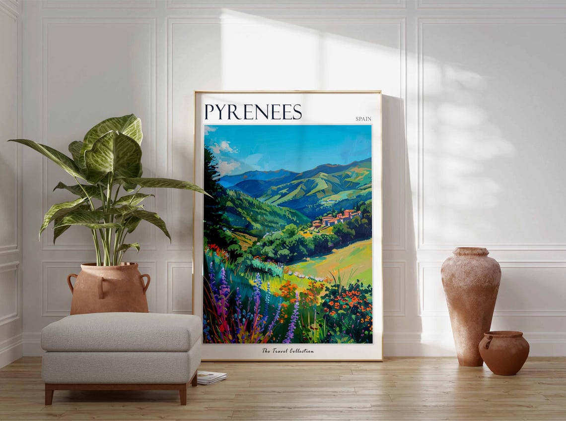 Pyrenees Mountain Village Wildflowers Meadow Spain Travel Poster - Image 3