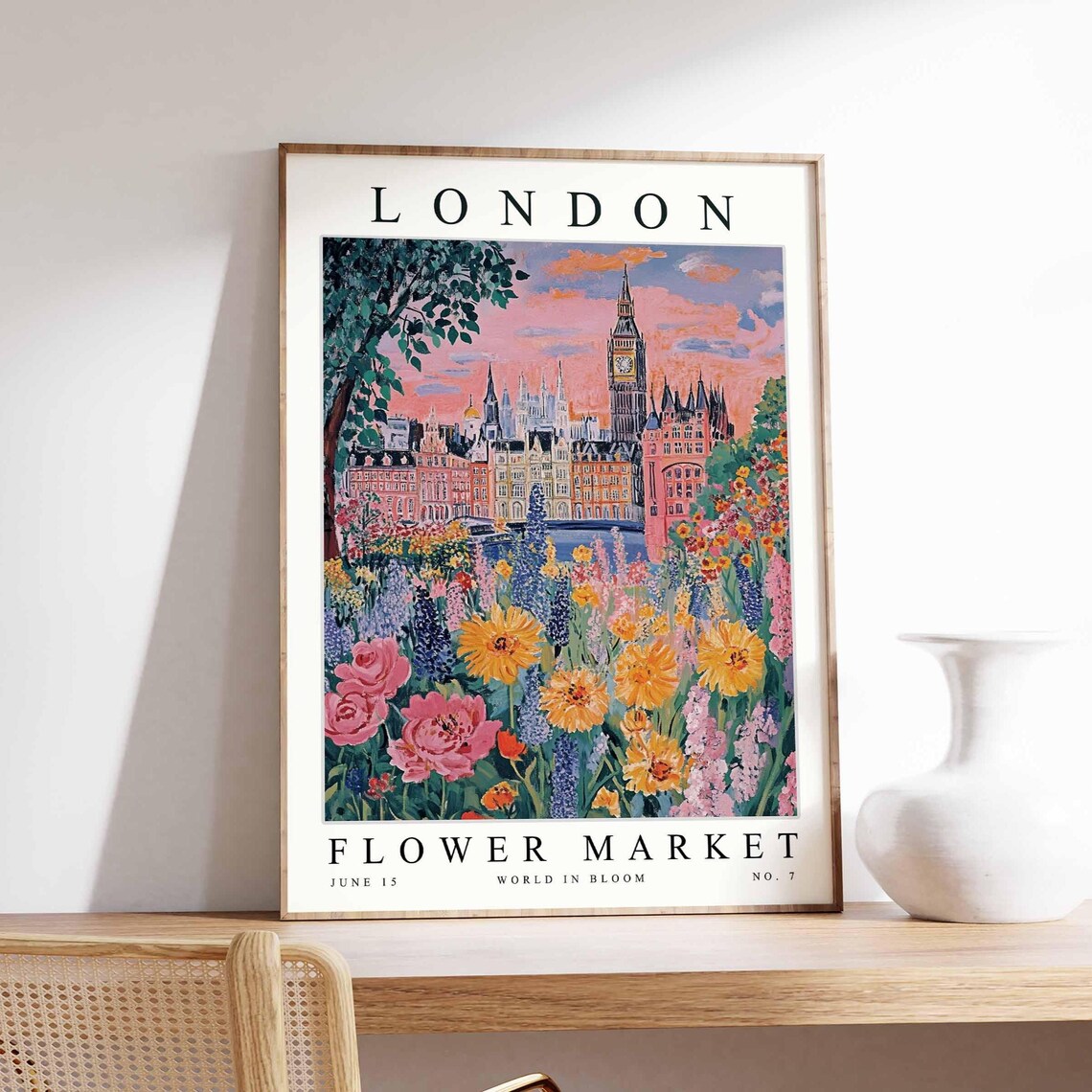 London Big Ben Flower Market Sunset Sunflower Golden Art Poster