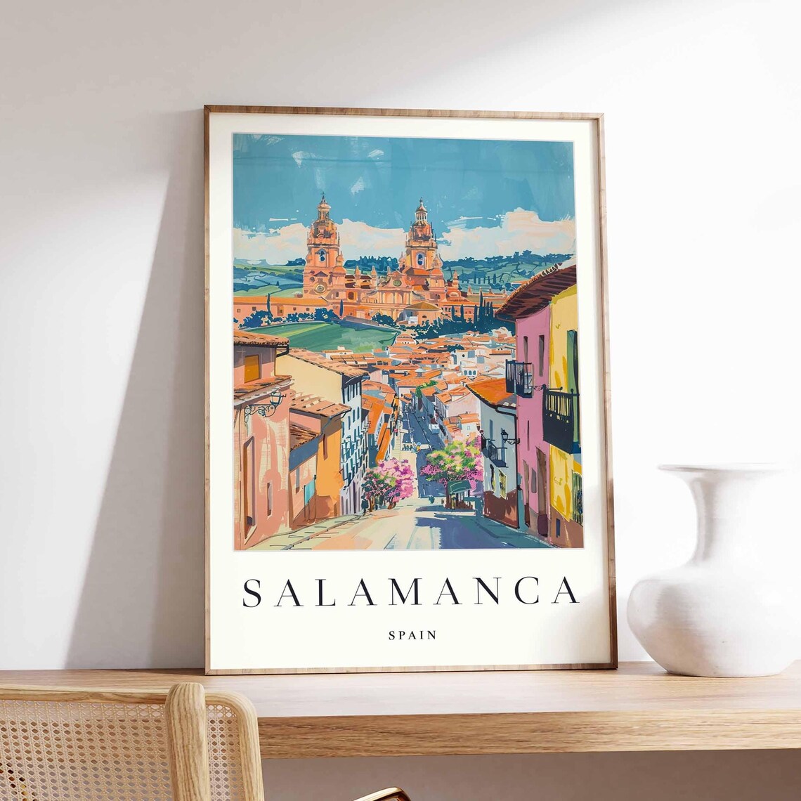 Salamanca Spain Colorful Street View with Twin Cathedral Towers Poster