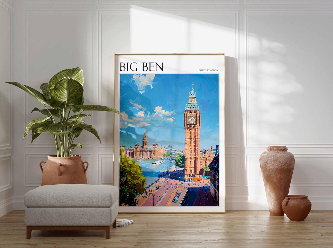 Big Ben United Kingdom Aerial Thames View With Boats Art Poster - Image 2