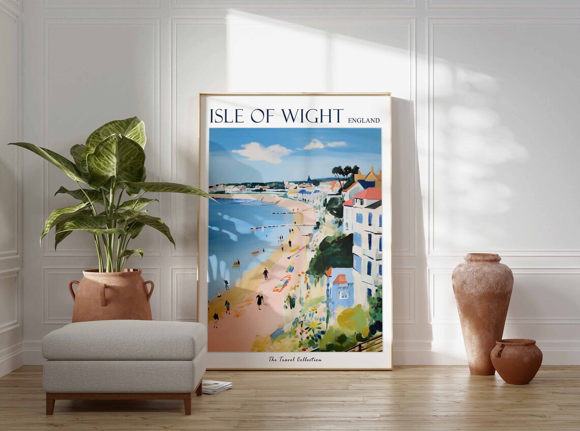 Isle of Wight England Pastel Seafront Street and Busy Beach Poster - Image 3