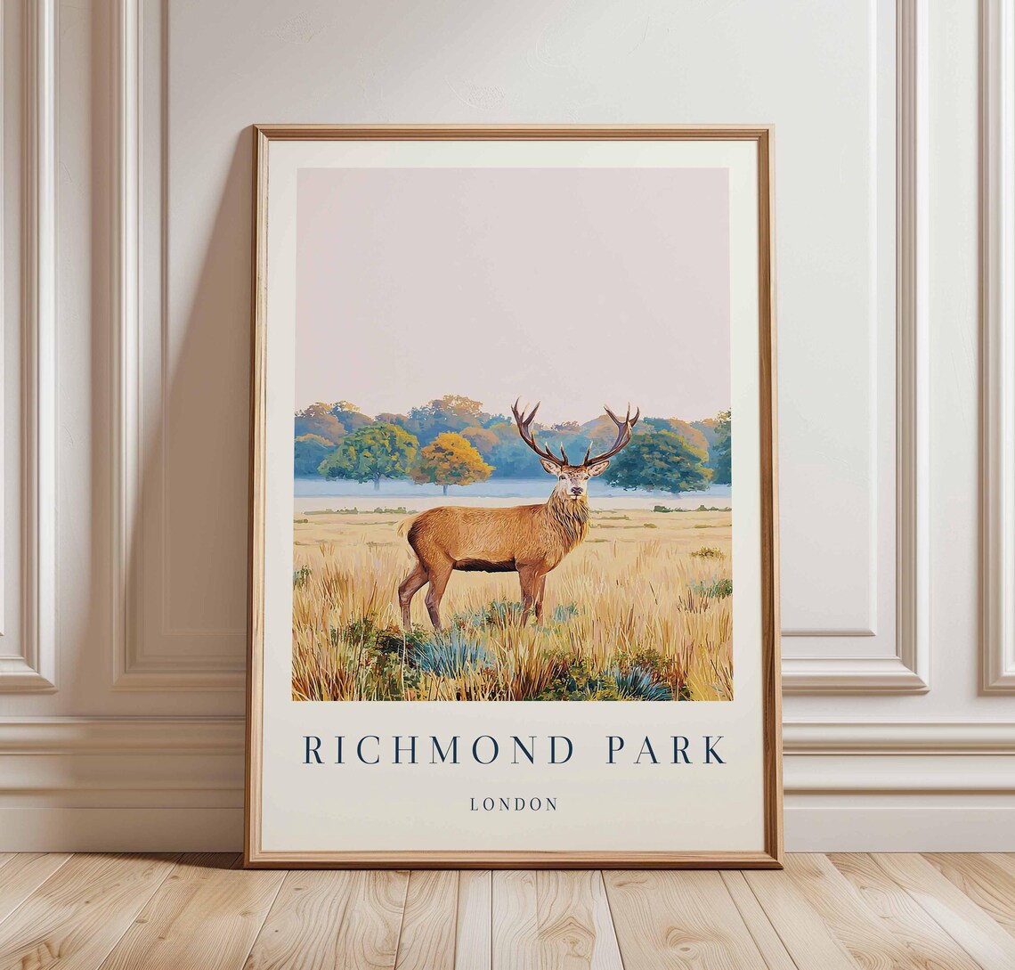 Richmond Park London Red Deer Golden Meadow Illustrated Art Poster
