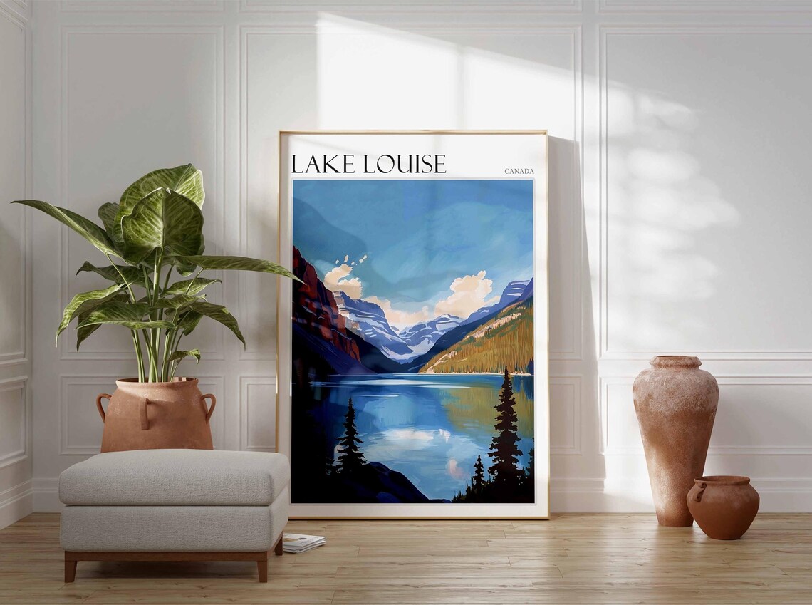 Lake Louise Canada Towering Peaks Clouds Pine View Travel Poster - Image 2