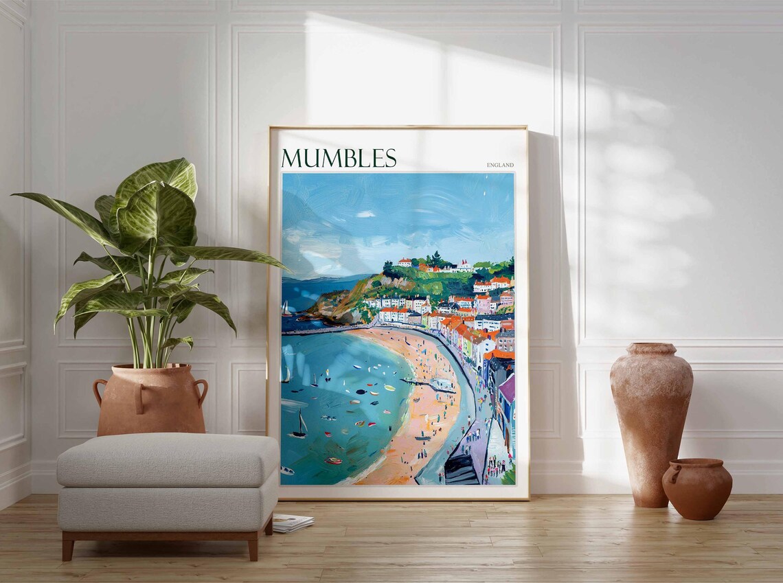 Mumbles Panoramic Beach Boats Bay Town England Travel Poster - Image 3
