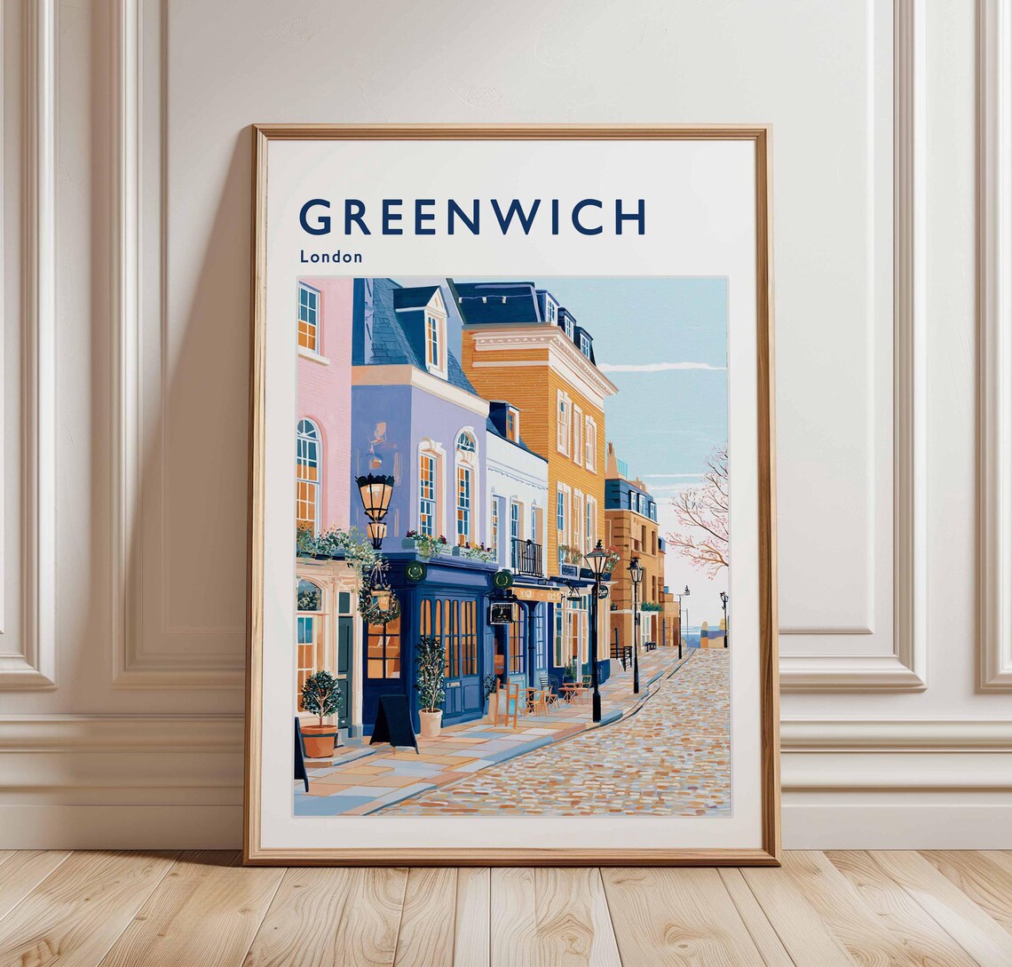 Greenwich London Cobblestone Pub Street Lamp Illustration Poster