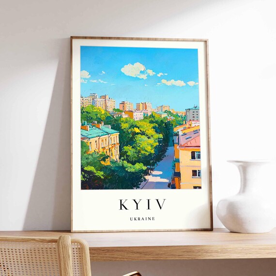 Kyiv Ukraine Golden Domed Churches Over Tree Lined Street Poster