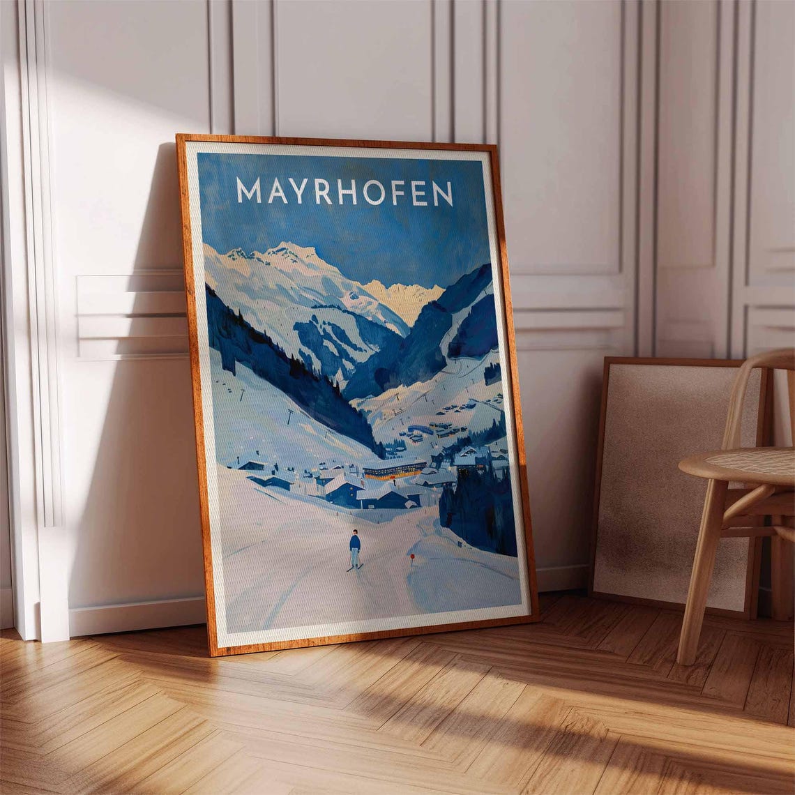 Mayrhofen Lone Skier Minimal Blue Mountains Travel Art Poster - Image 3
