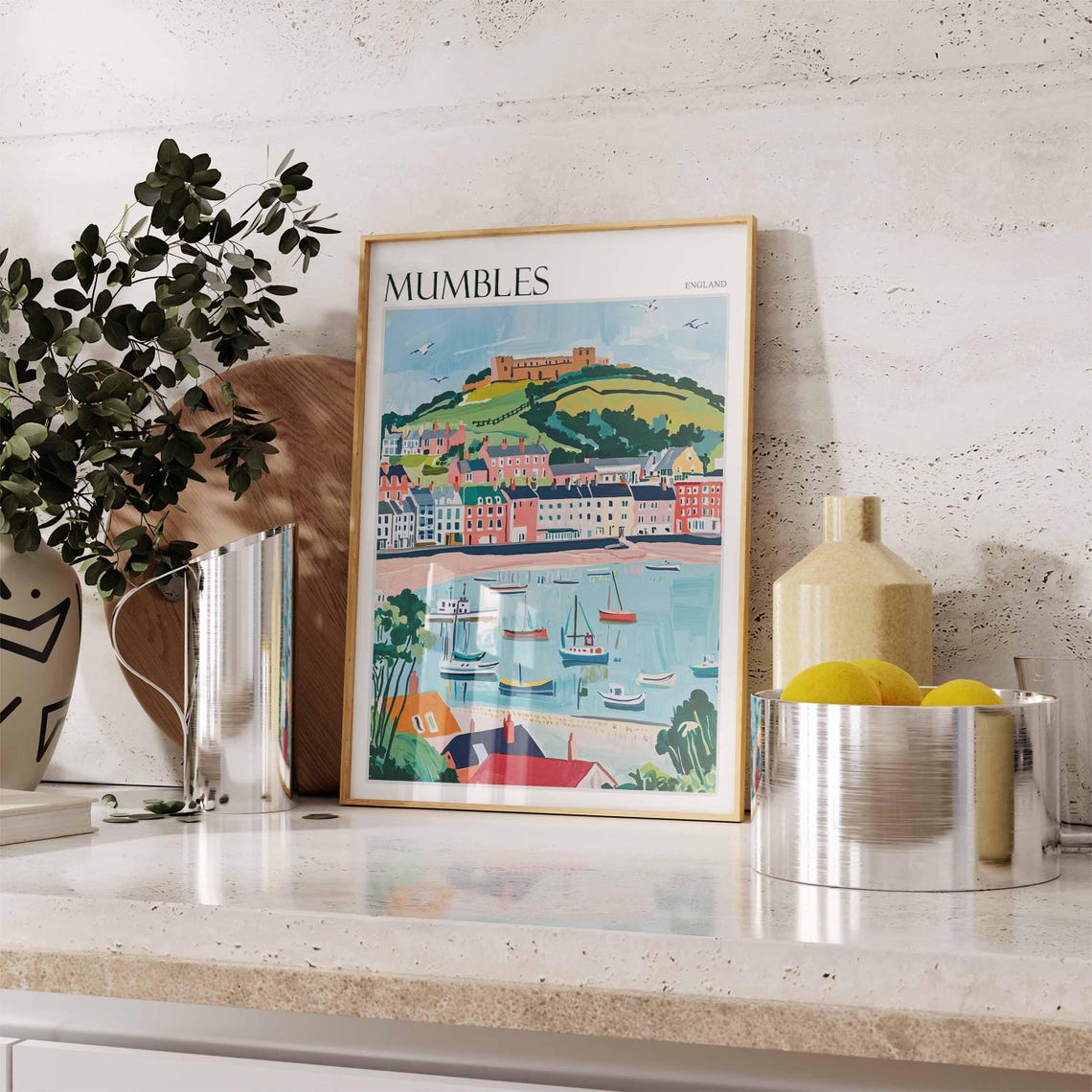Mumbles England Colorful Seaside Harbor Town With Castle Poster - Image 2