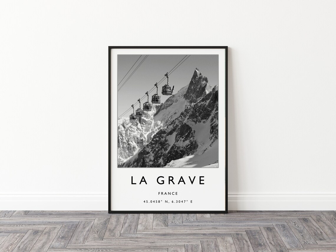 La Grave France Cable Car Snowy Peaks Black White Photo Poster - Image 3