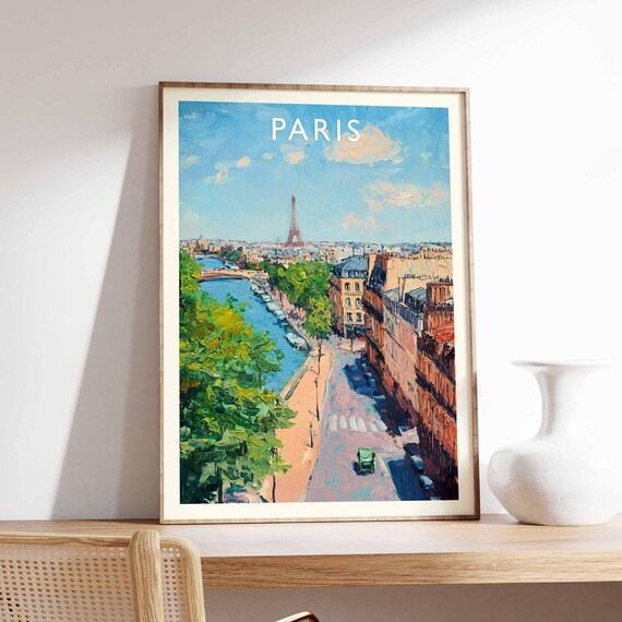 Paris Poster France Travel Print Eiffel Tower Cityscape Wall Decor Louvre Museum View Parisian City Gift