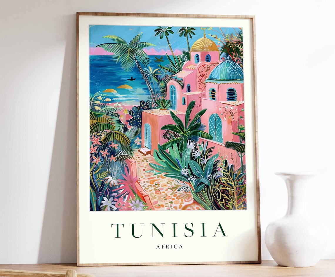 Tunisia Africa Pink Villa Palms Tropical Garden Art Travel Poster
