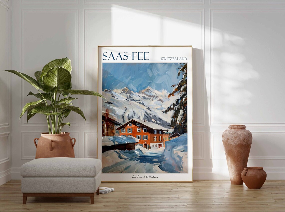 Saas-Fee Switzerland Snowy Chalet Mountains Travel Art Poster - Image 3