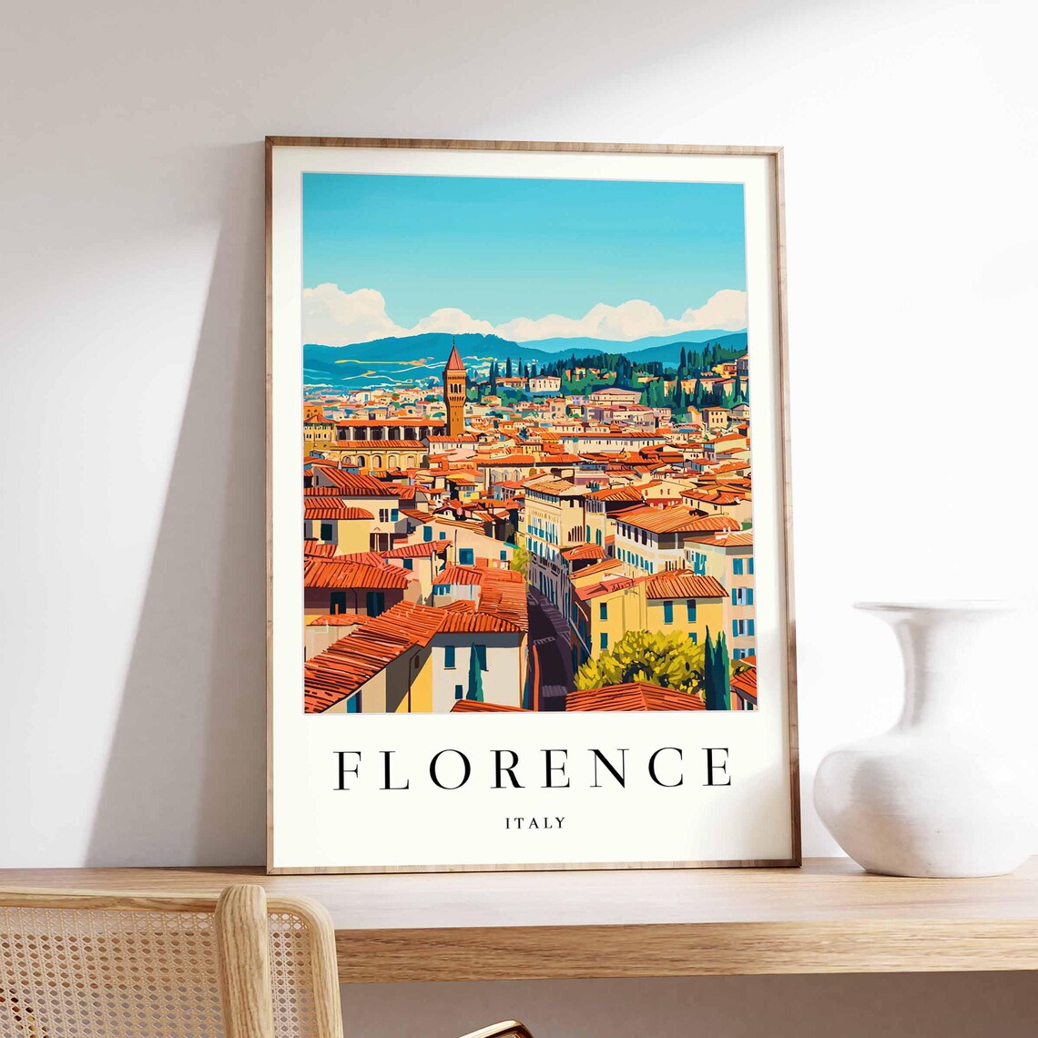 Florence Wide Cityscape Terracotta Roofs Tower Clouds Travel Poster