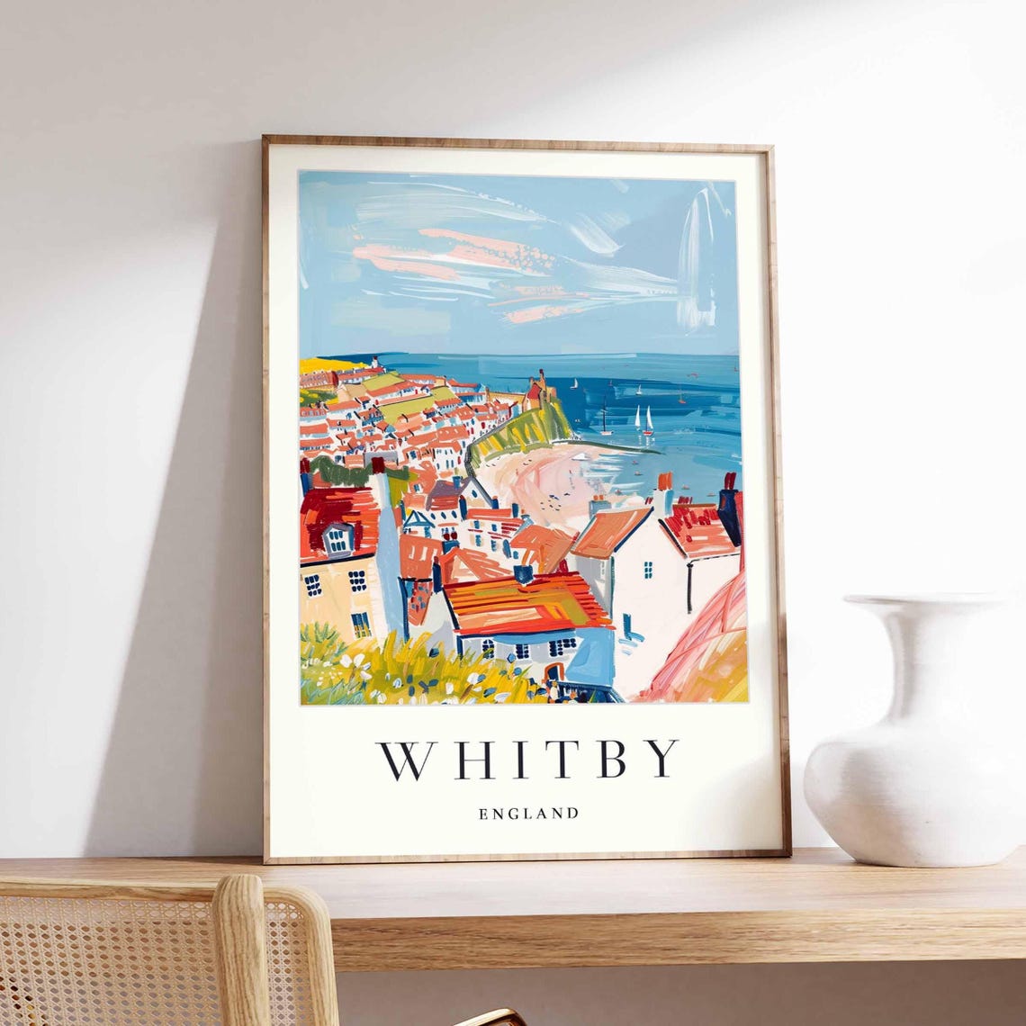 Whitby England Aerial Coastal Town Harbor Panorama Travel Poster